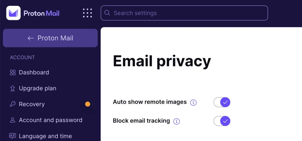 Het E-mail privacy-scherm in Proton Mail met Automatisch externe afbeeldingen tonen en E-mailtracking blokkeren, beide standaard aan