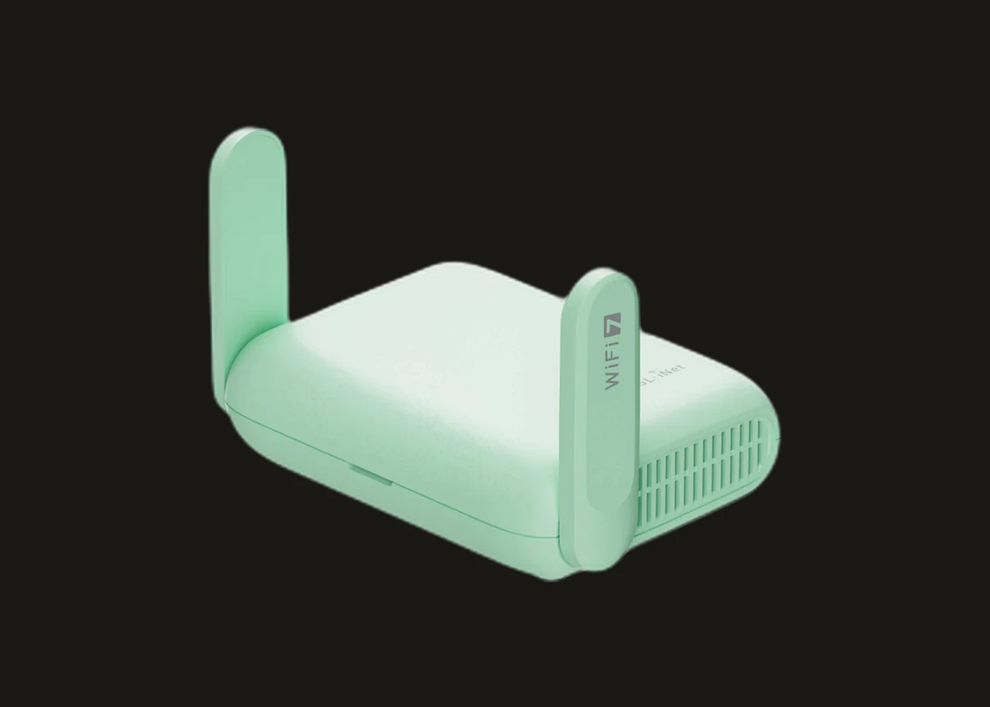 GL.iNet Beryl 7 vooraanzicht met antennes en WiFi 7-logo op de antenne