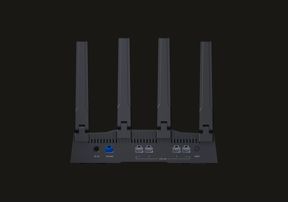 GL.iNet Flint 3 rear view with five 2.5G ports: power, 2.5G WAN, and four 2.5G LAN ports