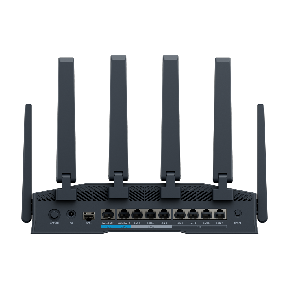 GL.iNet Flint 4 rear — port layout showing SFP+, 10GbE, 2.5GbE and GbE ports