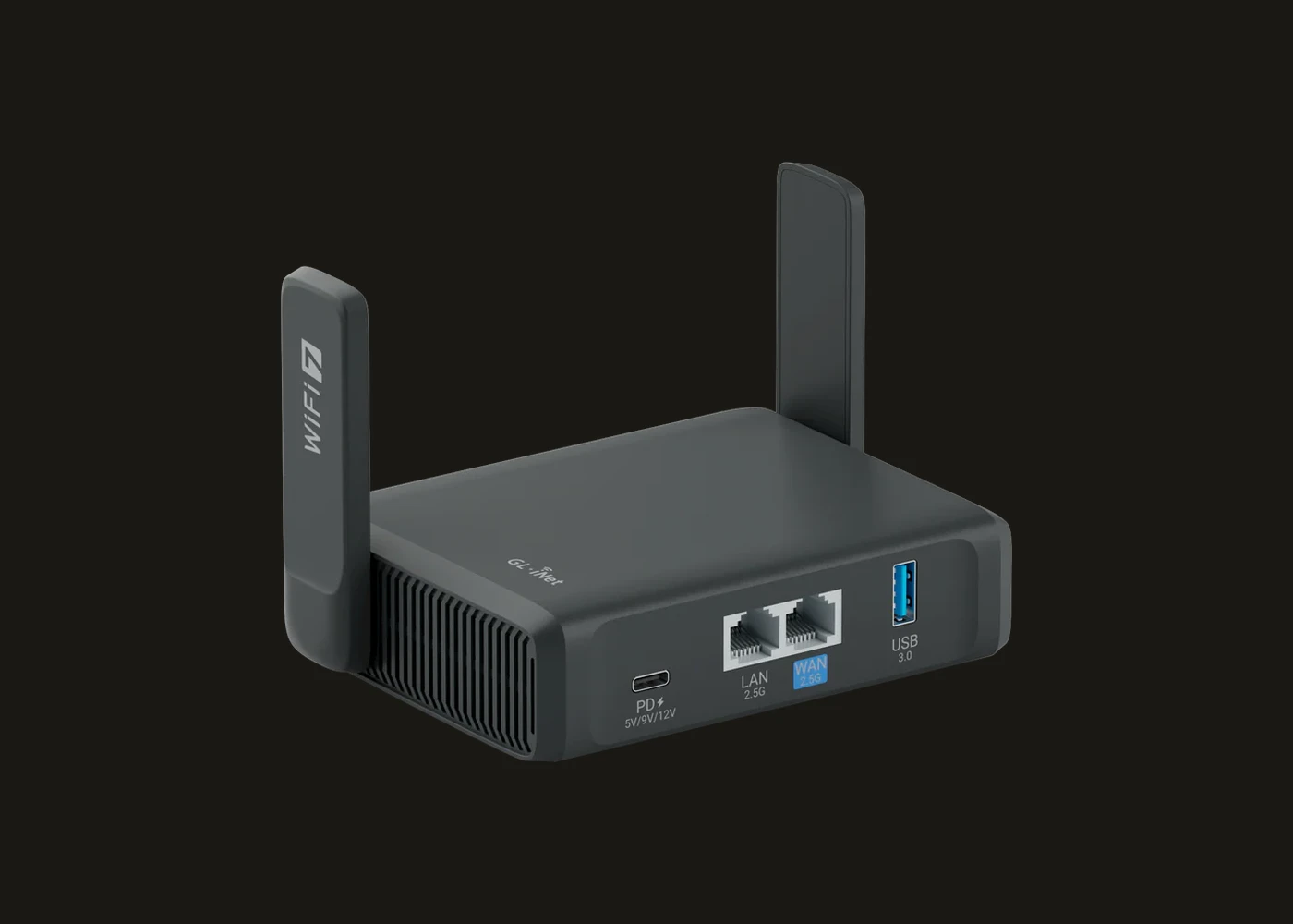 GL.iNet Slate 7 front view with active touchscreen and WiFi 7 logo on the antenna