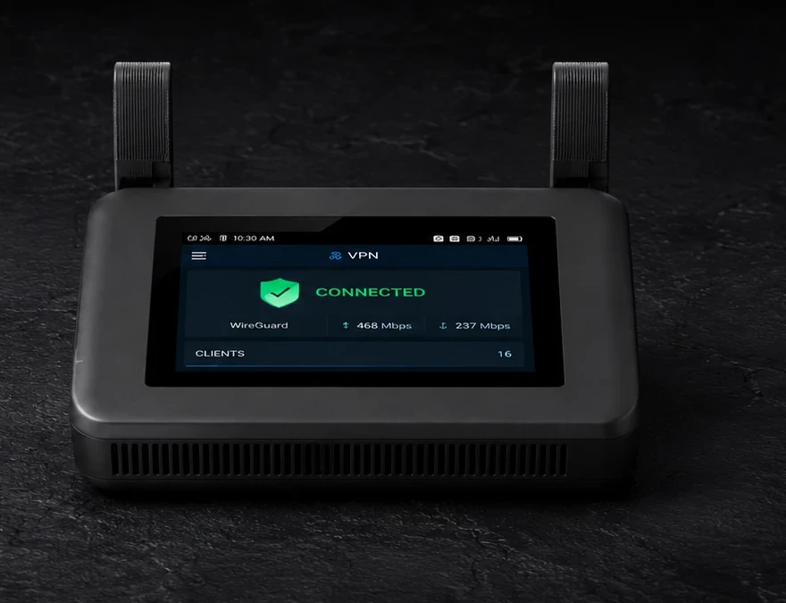GL.iNet Slate 7 Pro overhead view with touchscreen, VPN status, and connected clients