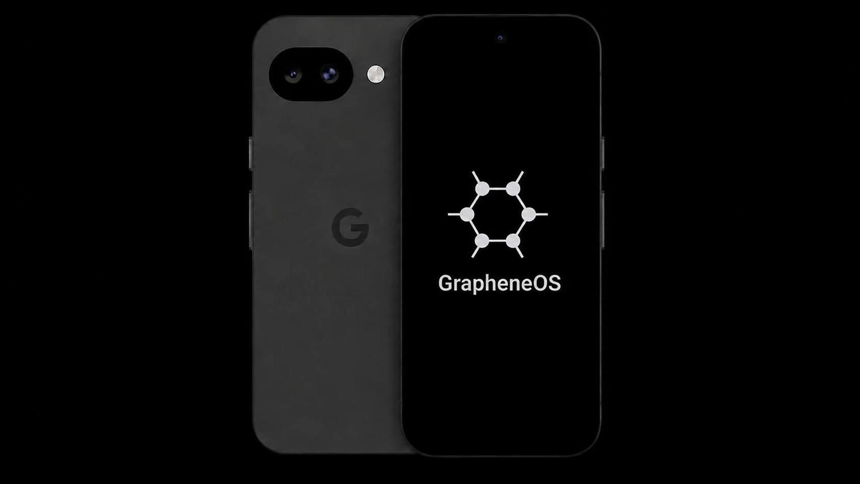 Pixel 10a with GrapheneOS: front and back, screen showing the GrapheneOS boot logo