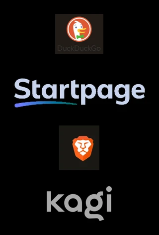 DuckDuckGo, Startpage, Brave Search and Kagi logos